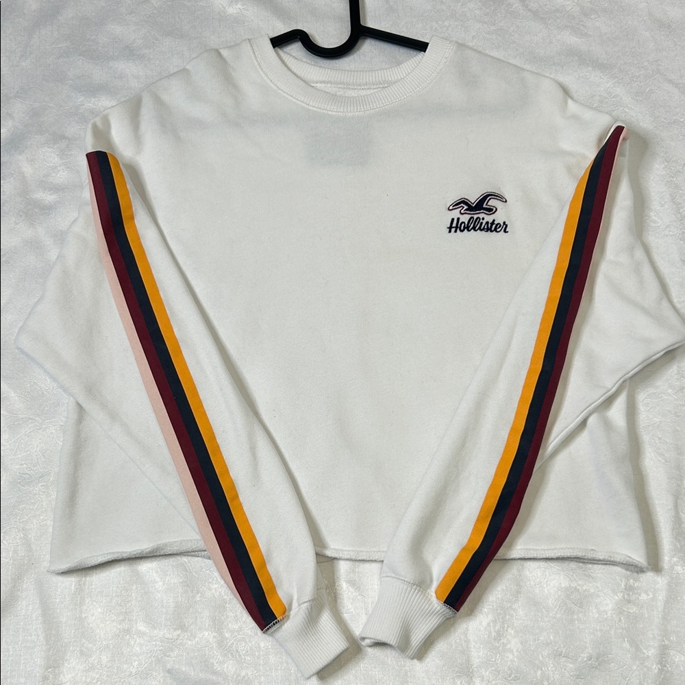 Hollister White Top with Multicolor Striped Sleeves